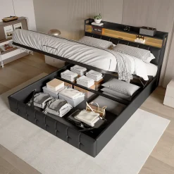 Lit Coffre 160x200 avec Rangement et éclairage LED, Lit 160x200 avec Sommier à Lattes,USB et Type-C,PU, Noir><noscript><img width=