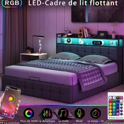 Lit Coffre 160x200 avec Rangement, LED, Sommier à Lattes, Prises USB/Type-C, Lit Double en Lin, Gris>ProximaX Online