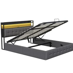 Lit Coffre 160x200 avec Rangement, LED, Sommier à Lattes, Prises USB/Type-C, Lit Double en Lin, Gris><noscript><img width=
