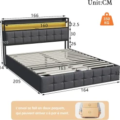 Lit Coffre 160x200 avec Rangement et éclairage LED, Sommier à Lattes, Lit Double avec USB et Type-C, Lit 2 Personnes, Lin, Gris><noscript><img width=