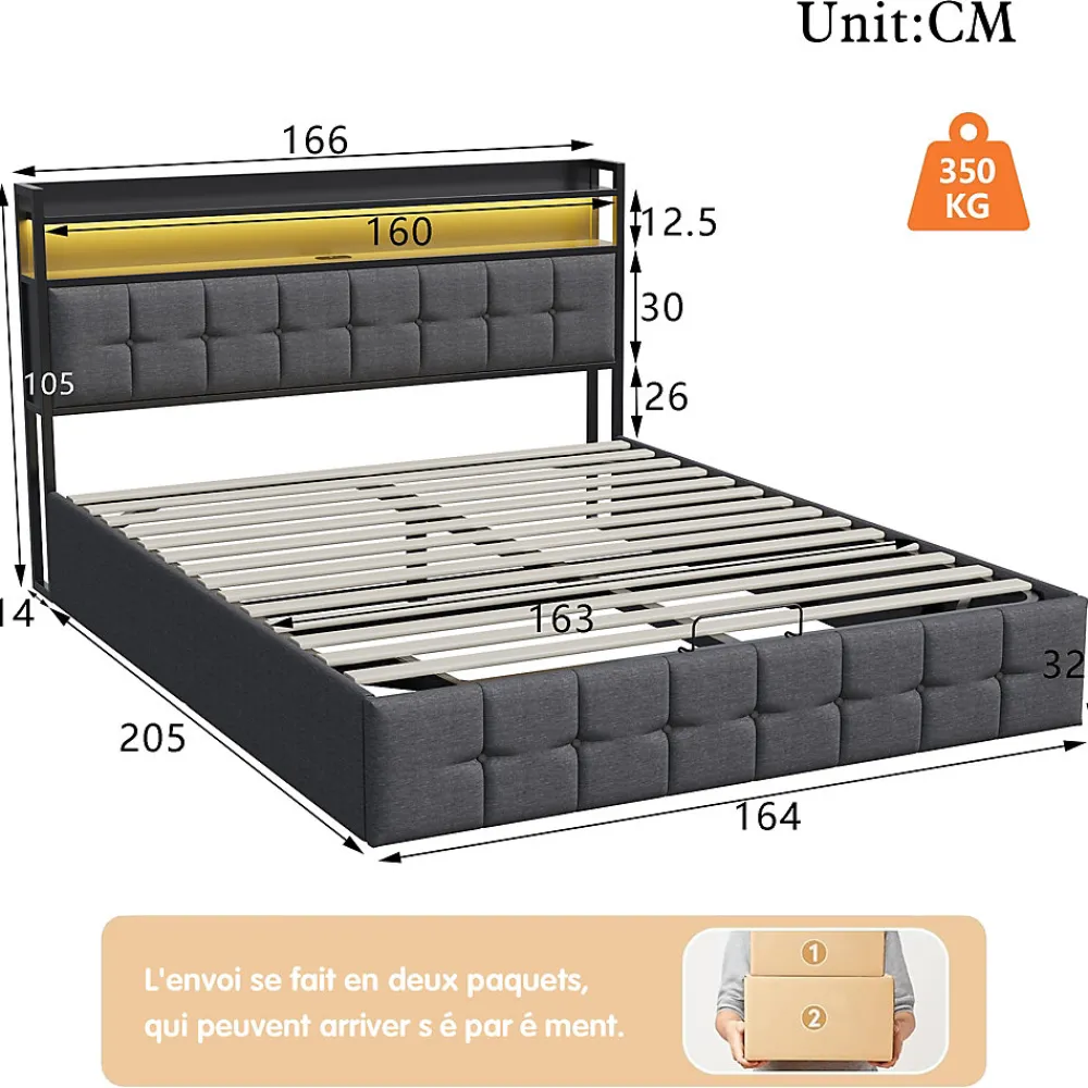 Lit Coffre 160x200 avec Rangement et éclairage LED, Sommier à Lattes, Lit Double avec USB et Type-C, Lit 2 Personnes, Lin, Gris>Simple Life Outlet
