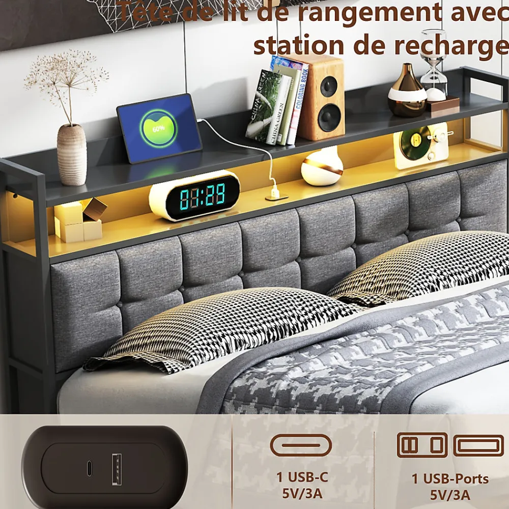 Lit Coffre 160x200 avec Rangement et éclairage LED, Sommier à Lattes, Lit Double avec USB et Type-C, Lit 2 Personnes, Lin, Gris>Simple Life Outlet