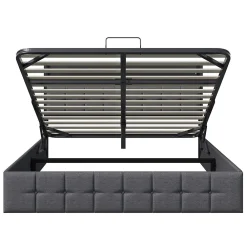 Lit Coffre 160x200 avec Rangement et éclairage LED, Sommier à Lattes, Lit Double avec USB et Type-C, Lit 2 Personnes, Lin, Gris><noscript><img width=