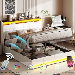 Simple Life Lit Coffre 140x200 Avec Sommier Et USB, LED, Cadre De Lit Avec Rangement Et Tete De Lit, Blanc* Lit Coffre