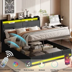 Lit Coffre 160x200 Avec Sommier Et USB, LED, Cadre De Lit Avec Rangement Et Tete De Lit, Noir><noscript><img width=