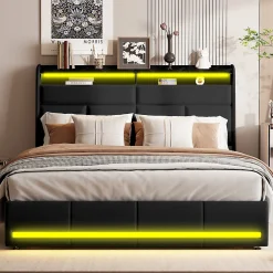 Lit Coffre 160x200 Avec Sommier Et USB, LED, Cadre De Lit Avec Rangement Et Tete De Lit, Noir><noscript><img width=