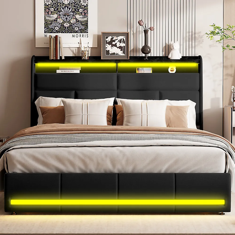 Lit Coffre 160x200 Avec Sommier Et USB, LED, Cadre De Lit Avec Rangement Et Tete De Lit, Noir>Simple Life Clearance