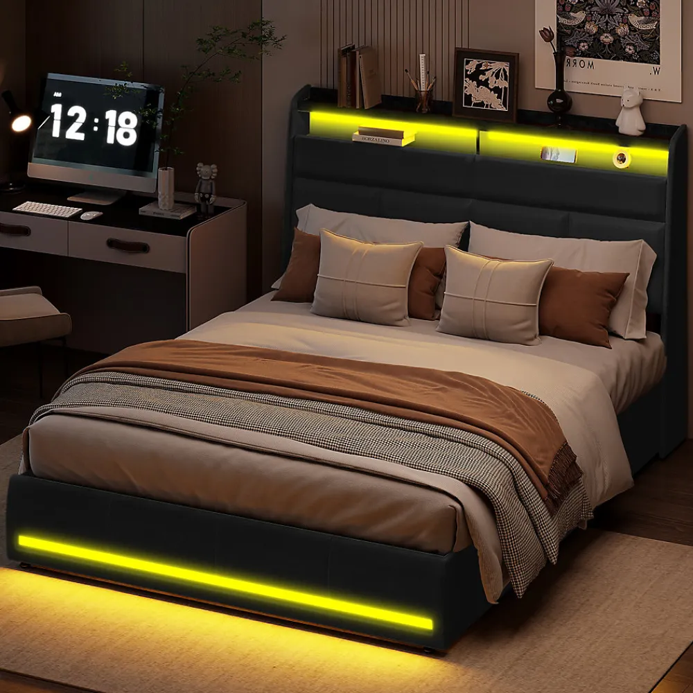 Lit Coffre 160x200 Avec Sommier Et USB, LED, Cadre De Lit Avec Rangement Et Tete De Lit, Noir>Simple Life Clearance