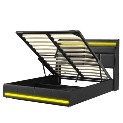 Lit Coffre 160x200 Avec Sommier Et USB, LED, Cadre De Lit Avec Rangement Et Tete De Lit, Noir><noscript><img width=