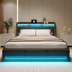 Lit Coffre 160x200 Avec Sommier, Lit Coffre Avec Port USB De Type C, Éclairage LED, Lin, Gris>Simple Life Sale