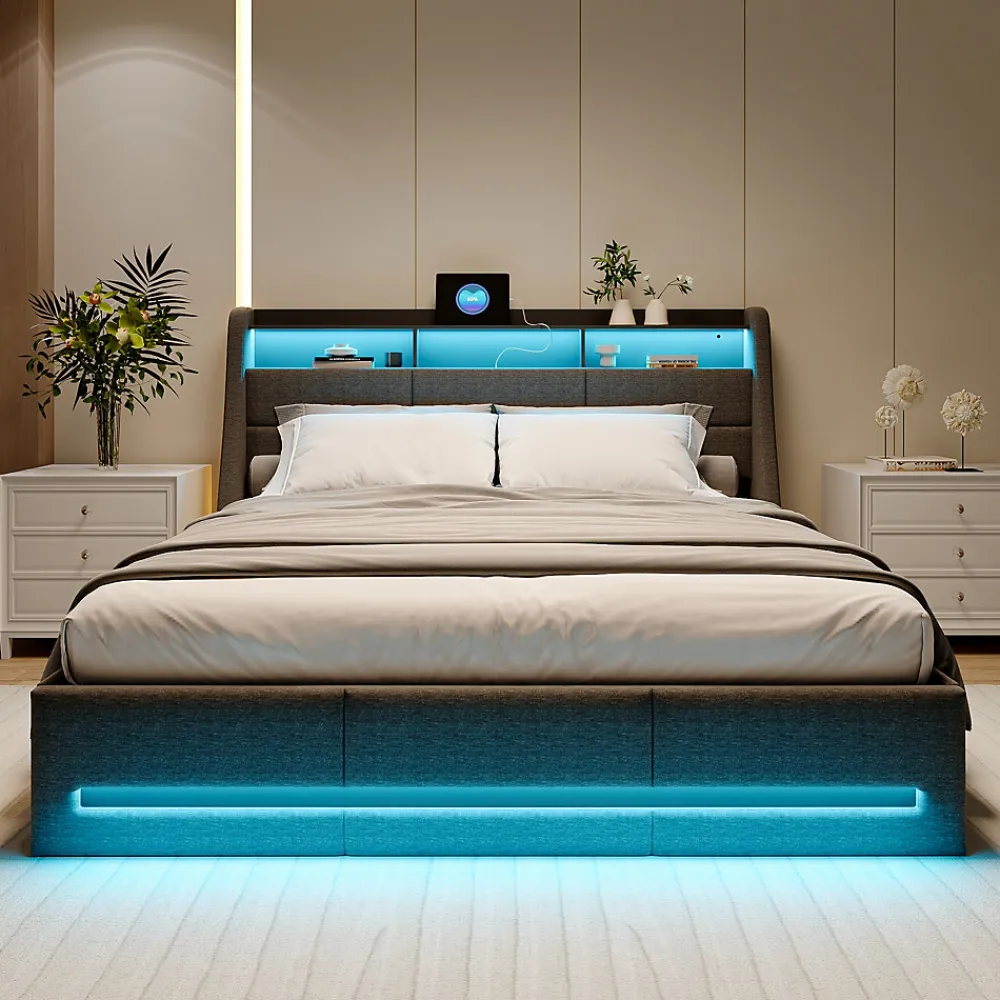 Lit Coffre 160x200 Avec Sommier, Lit Coffre Avec Port USB De Type C, Éclairage LED, Lin, Gris>Simple Life Sale