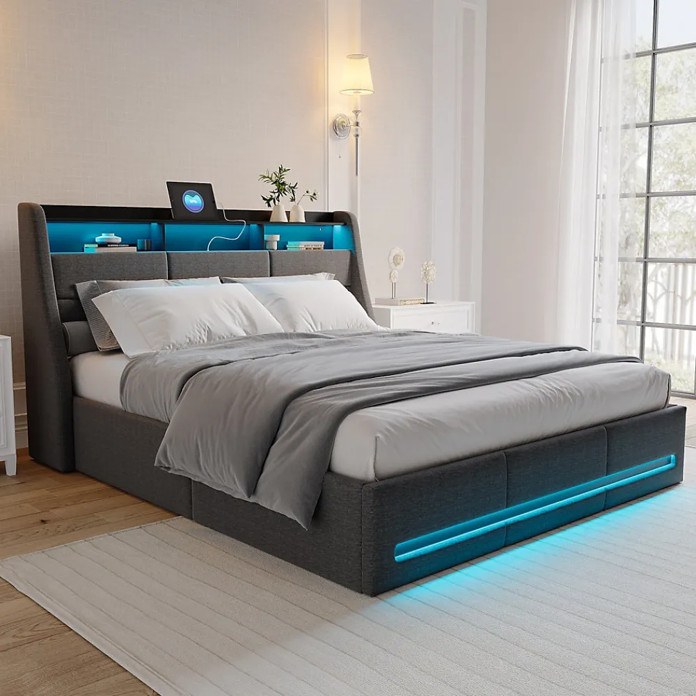 Lit Coffre 160x200 Avec Sommier, Lit Coffre Avec Port USB De Type C, Éclairage LED, Lin, Gris>Simple Life Sale