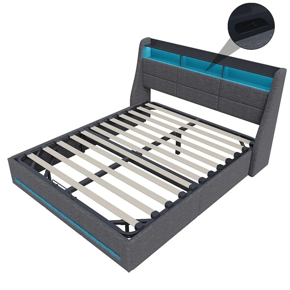 Lit Coffre 160x200 Avec Sommier, Lit Coffre Avec Port USB De Type C, Éclairage LED, Lin, Gris>Simple Life Sale
