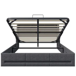 Lit Coffre 160x200 Avec Sommier, Lit Coffre Avec Port USB De Type C, Éclairage LED, Lin, Gris><noscript><img width=