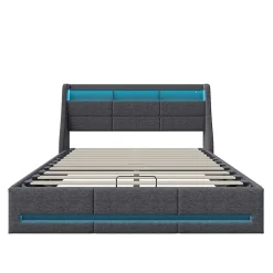 Lit Coffre 160x200 Avec Sommier, Lit Coffre Avec Port USB De Type C, Éclairage LED, Lin, Gris><noscript><img width=