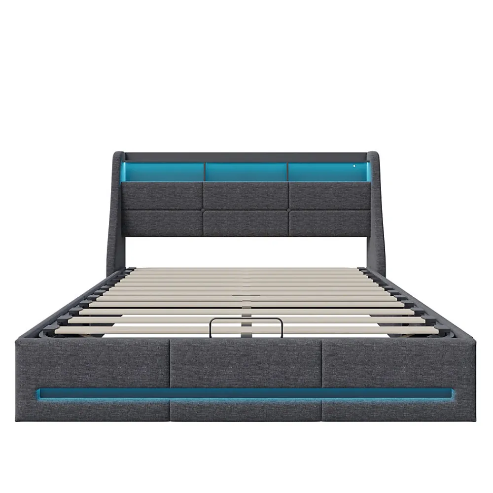 Lit Coffre 160x200 Avec Sommier, Lit Coffre Avec Port USB De Type C, Éclairage LED, Lin, Gris>Simple Life Sale