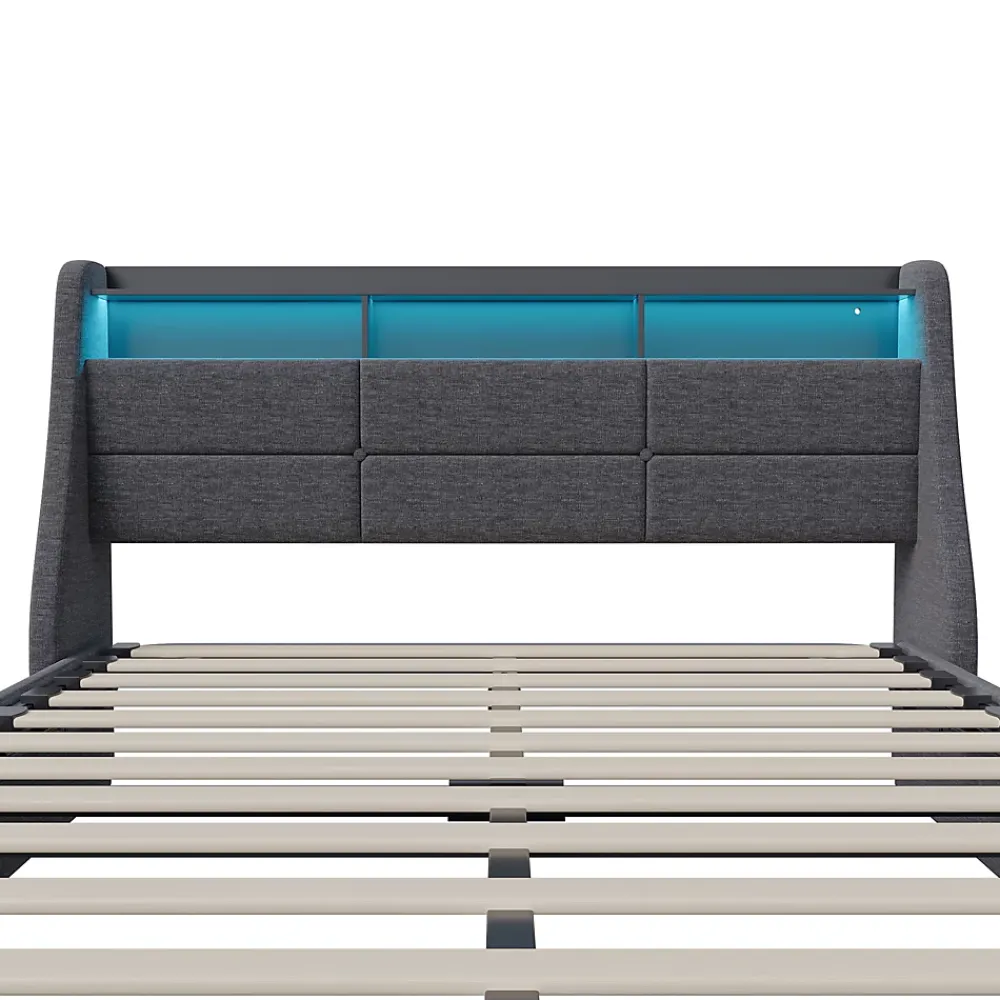 Simple Life Lit Coffre 160x200 avec Sommier, Lit Coffre avec Port USB de Type C, éclairage LED, Lin, Gris* Lit Coffre