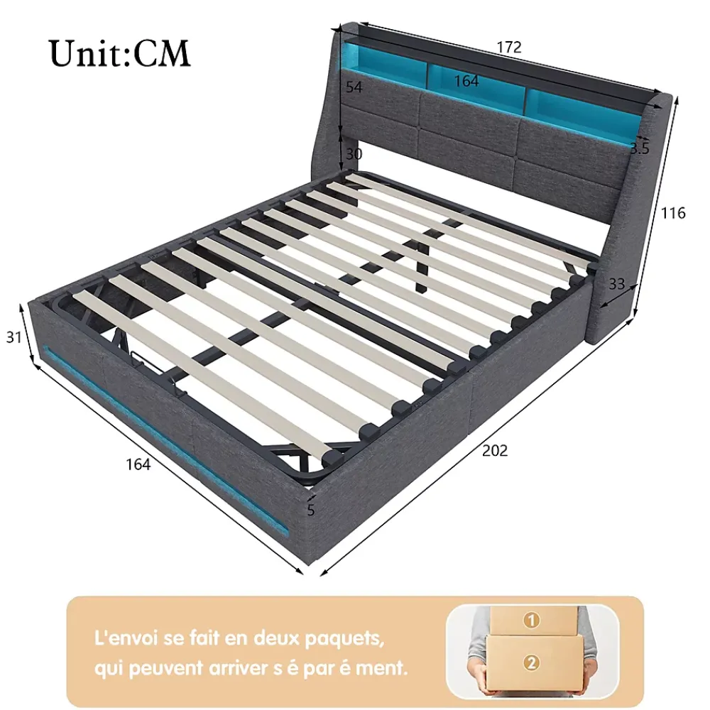 Simple Life Lit Coffre 160x200 avec Sommier, Lit Coffre avec Port USB de Type C, éclairage LED, Lin, Gris* Lit Coffre