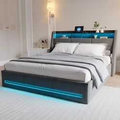 Simple Life Lit Coffre 160x200 avec Sommier, Lit Coffre avec Port USB de Type C, éclairage LED, Lin, Gris* Lit Coffre