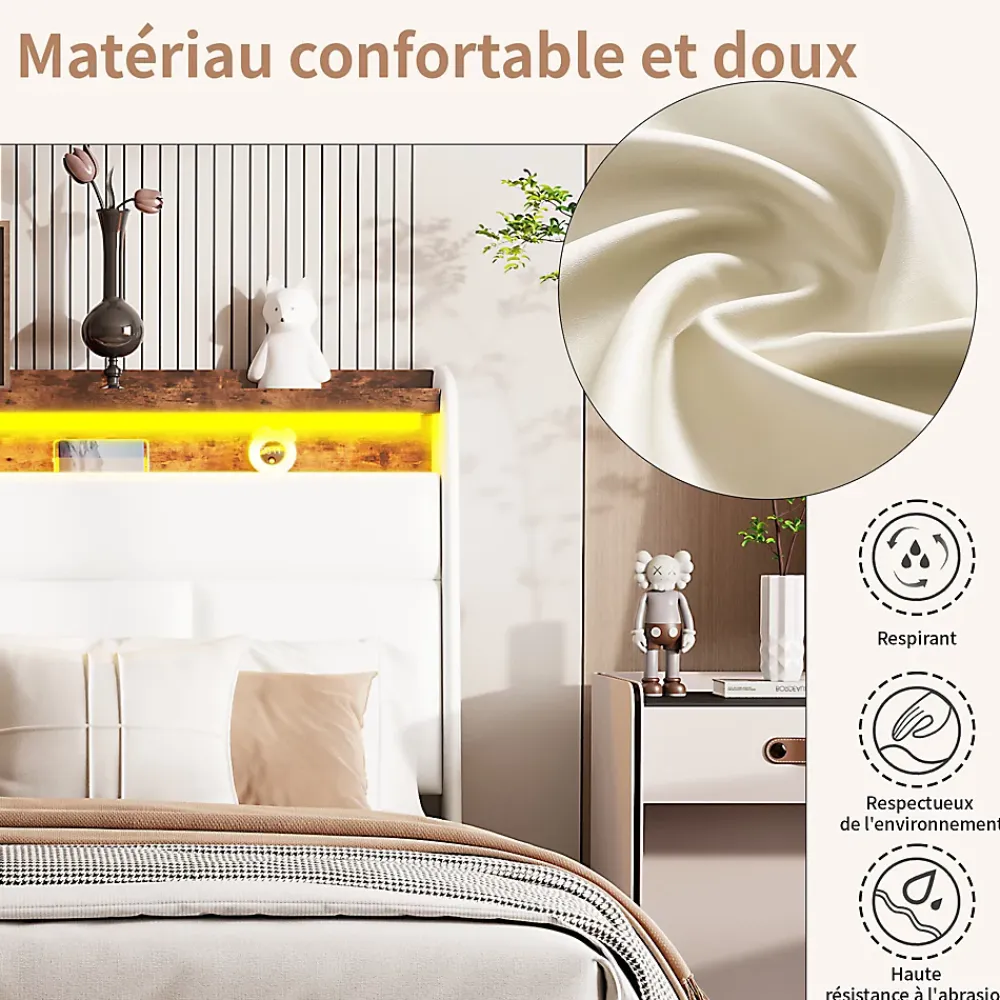 Fortuna lai lit Coffre 160x200 avec sommier et USB, LED, Cadre de lit avec Rangement et Tete de Lit, Blanc* Lit Coffre