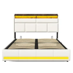 Fortuna lai lit Coffre 160x200 avec sommier et USB, LED, Cadre de lit avec Rangement et Tete de Lit, Blanc* Lit Coffre