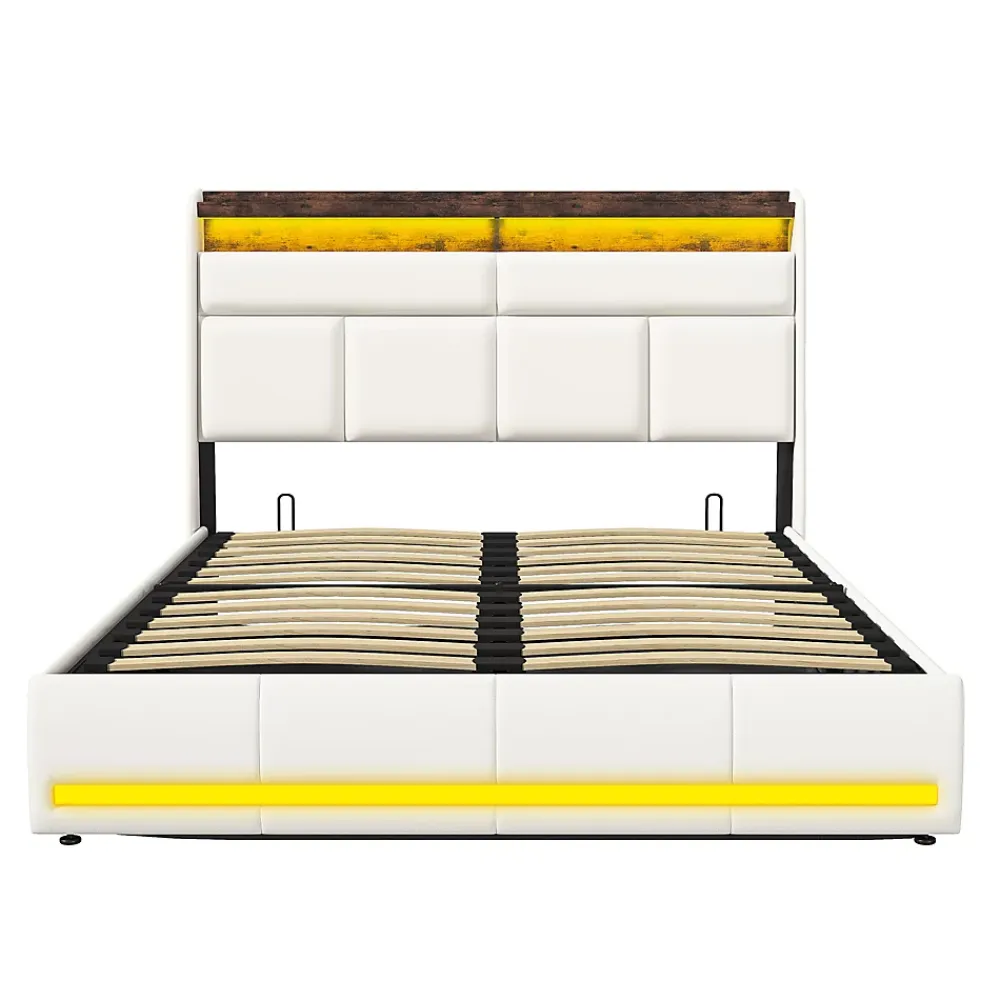 Fortuna lai lit Coffre 160x200 avec sommier et USB, LED, Cadre de lit avec Rangement et Tete de Lit, Blanc* Lit Coffre