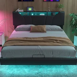 Fortuna lai Lit Coffre 160x200 avec Sommier LED Hydraulique avec Rangement et Tete de Lit 2 Personnes Lits pour Adulte Coffre Noir+PU* Lit Coffre