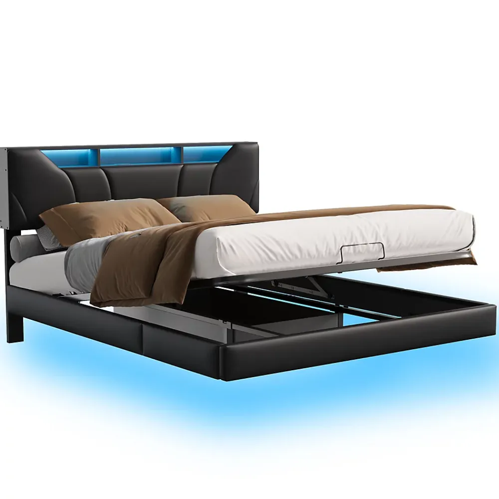 Fortuna lai Lit Coffre 160x200 avec Sommier LED Hydraulique avec Rangement et Tete de Lit 2 Personnes Lits pour Adulte Coffre Noir+PU* Lit Coffre