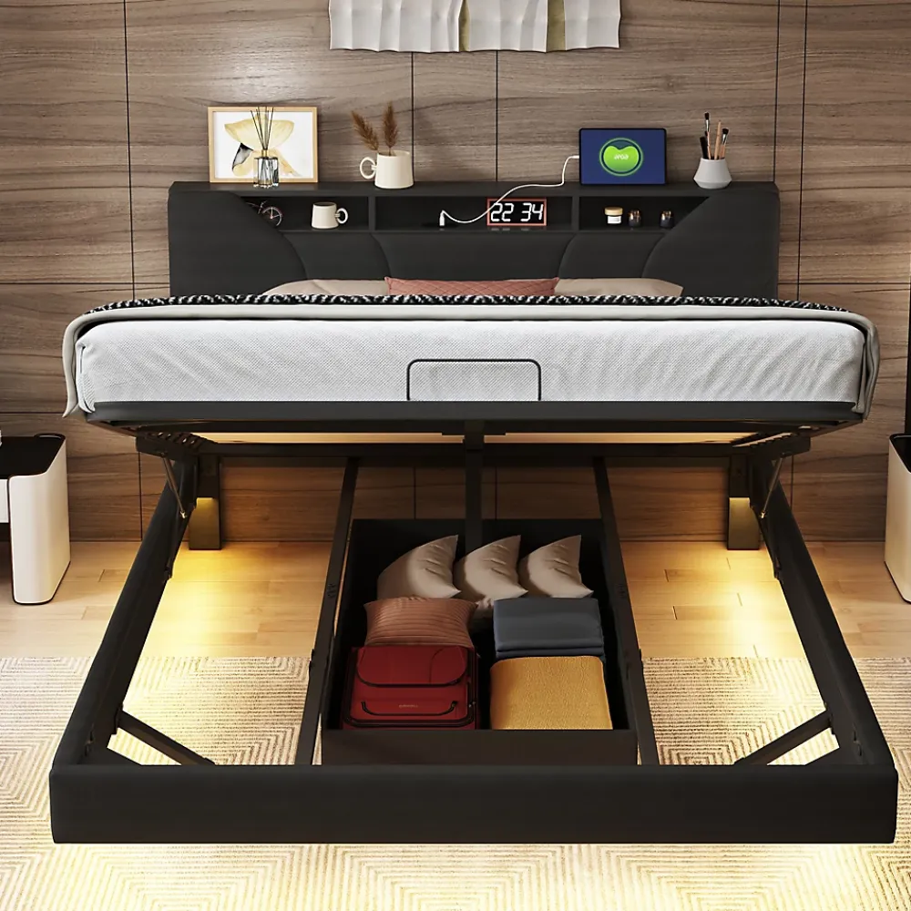 Fortuna lai Lit Coffre 160x200 avec Sommier LED Hydraulique avec Rangement et Tete de Lit 2 Personnes Lits pour Adulte Coffre Noir+PU* Lit Coffre