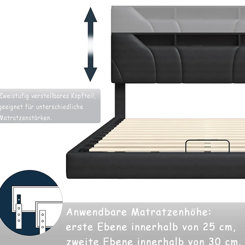 Fortuna lai Lit Coffre 160x200 avec Sommier LED Hydraulique avec Rangement et Tete de Lit 2 Personnes Lits pour Adulte Coffre Noir+PU* Lit Coffre
