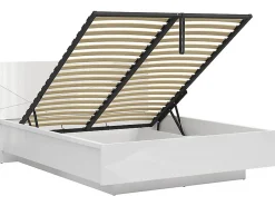 Lit coffre 160x200 avec sommier et rangement, coloris Blanc brillant/Blanc haute brillance - L. 206 x P. 169,5 x H. 98,5/43 cm><noscript><img width=