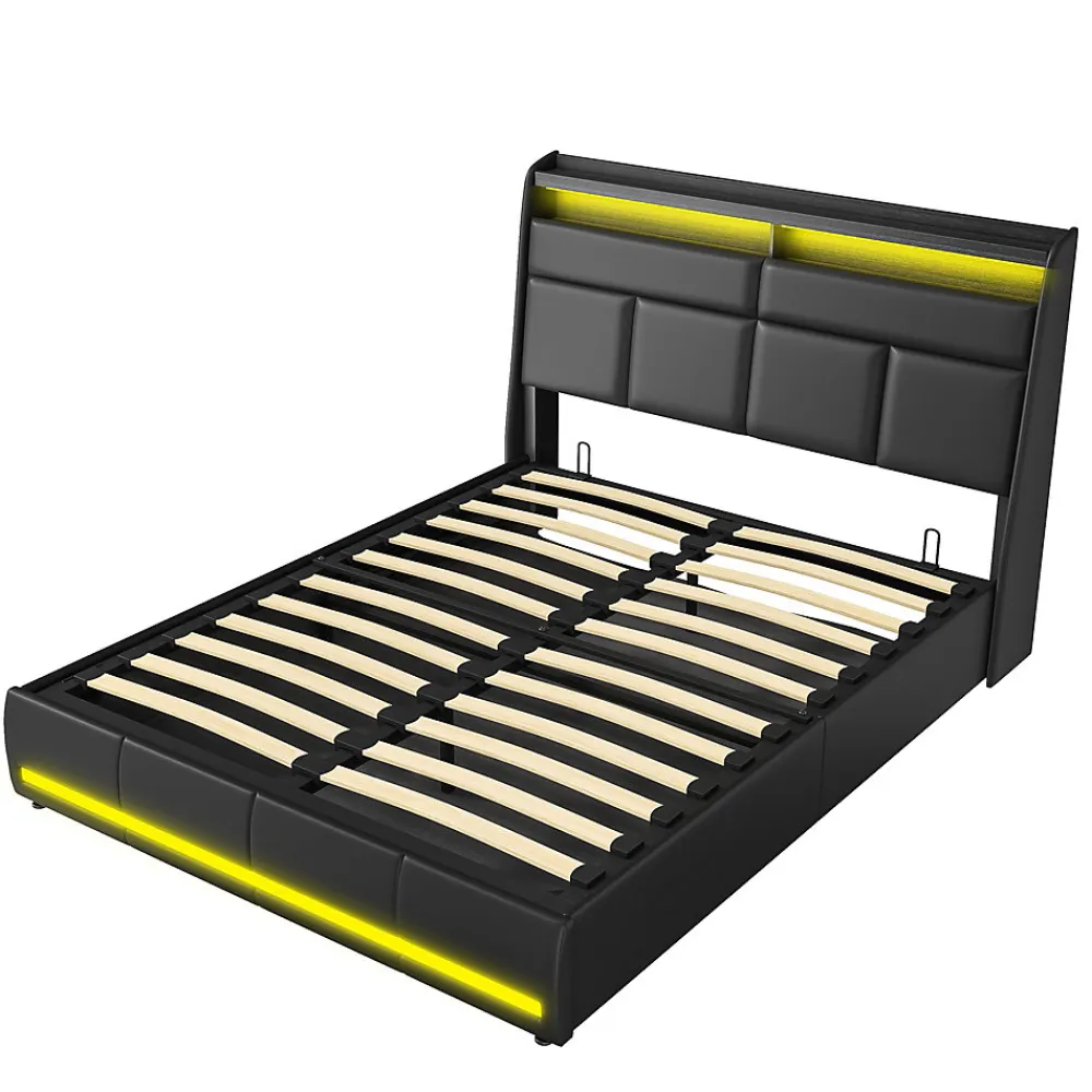 Lit Coffre 140x200 Avec Sommier Et USB, LED, Cadre De Lit Avec Rangement Et Tete De Lit, Noir>Simple Life Outlet