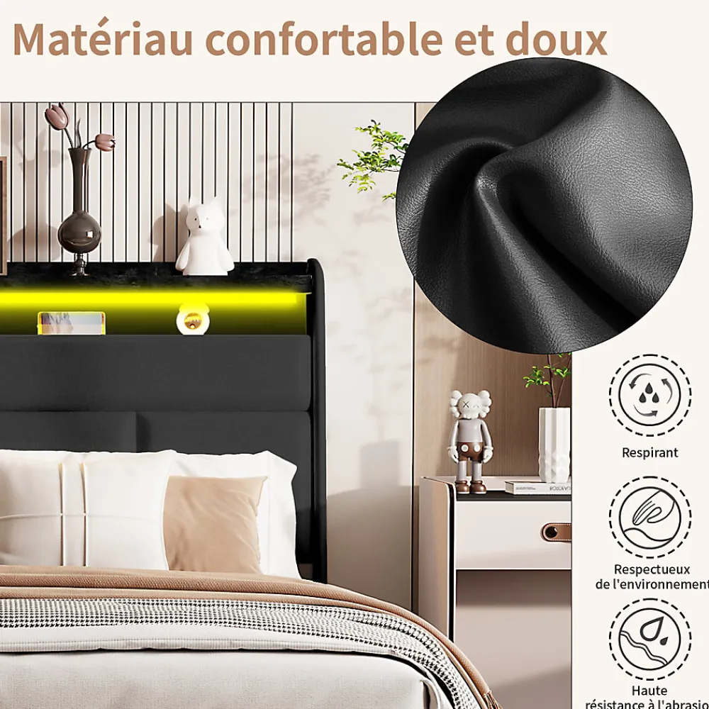 Lit Coffre 140x200 Avec Sommier Et USB, LED, Cadre De Lit Avec Rangement Et Tete De Lit, Noir>Simple Life Outlet