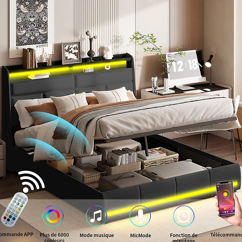 Lit Coffre 140x200 Avec Sommier Et USB, LED, Cadre De Lit Avec Rangement Et Tete De Lit, Noir>Simple Life Outlet