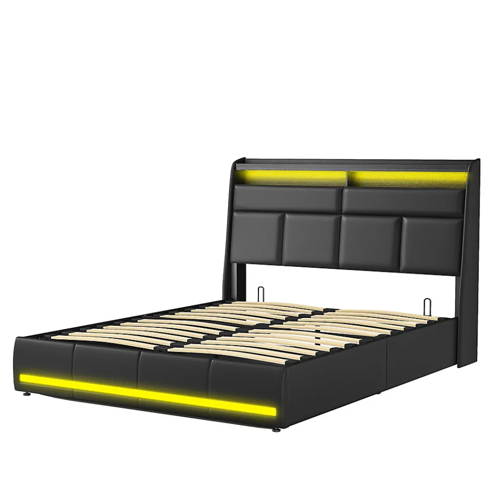 Lit Coffre 140x200 Avec Sommier Et USB, LED, Cadre De Lit Avec Rangement Et Tete De Lit, Noir>Simple Life Outlet