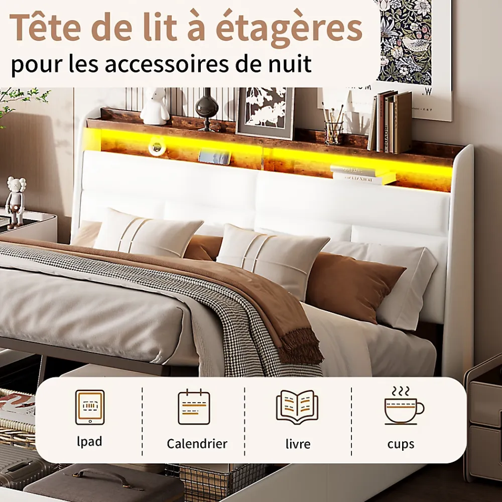 Simple Life Lit Coffre 160x200 Avec Sommier Et USB, LED, Cadre De Lit Avec Rangement Et Tete De Lit, Blanc* Lit Coffre