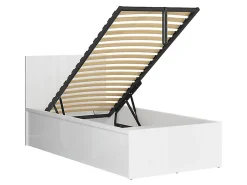 Lit coffre 90x200 avec sommier et rangement, coloris Blanc brillant - Longueur 204,5 x Profondeur 99 x Hauteur 95/40,5 cm><noscript><img width=