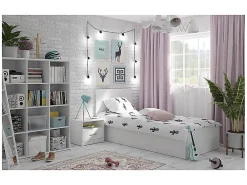 Lit coffre 90x200 avec sommier et rangement, coloris Blanc brillant - Longueur 204,5 x Profondeur 99 x Hauteur 95/40,5 cm><noscript><img width=