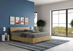 Lit coffre 160x190 avec tête de lit inclinée à lattes en chêne Ankel><noscript><img width=