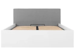 Lit coffre 160x200 avec tête de lit capitonnée ,coloris Blanc brillant/Textile Noir - L. 209,5 x P. 176 x H. 95/40,5 cm><noscript><img width=