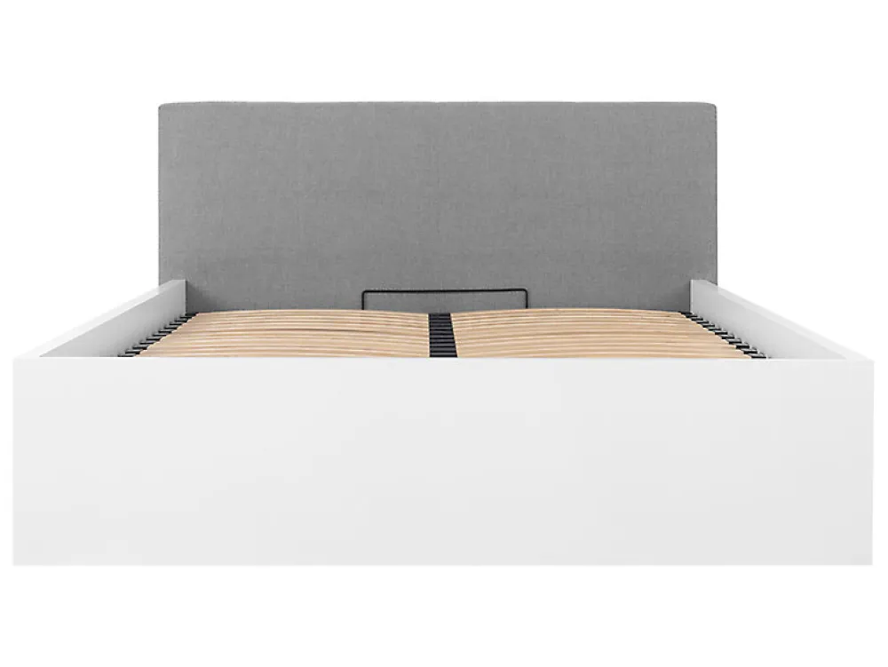 Lit coffre 160x200 avec tête de lit capitonnée ,coloris Blanc brillant/Textile Noir - L. 209,5 x P. 176 x H. 95/40,5 cm>Pegane Discount