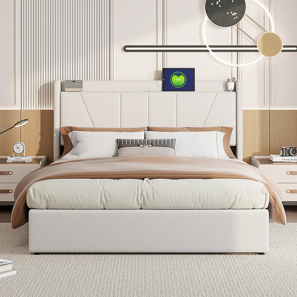 Lit Coffre 140x200 avec USB et Type C, Lit capitonné avec Sommier à Lattes, Lit Double, Beige>Simple Life Hot