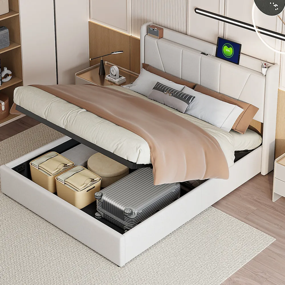 Lit Coffre 140x200 avec USB et Type C, Lit capitonné avec Sommier à Lattes, Lit Double, Beige>Simple Life Hot