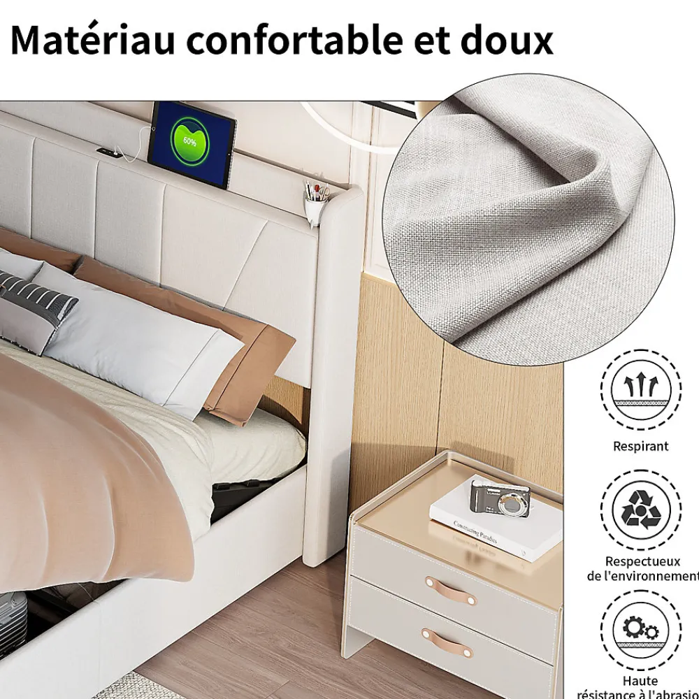 Lit Coffre 140x200 avec USB et Type C, Lit capitonné avec Sommier à Lattes, Lit Double, Beige>Simple Life Hot