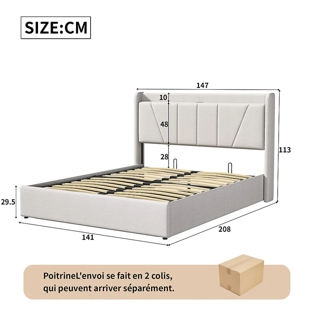 Lit Coffre 140x200 avec USB et Type C, Lit capitonné avec Sommier à Lattes, Lit Double, Beige>Simple Life Hot