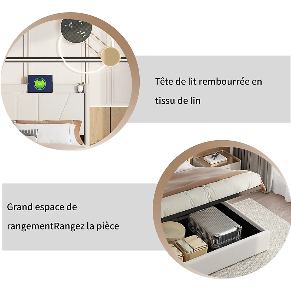 Lit Coffre 140x200 avec USB et Type C, Lit capitonné avec Sommier à Lattes, Lit Double, Beige>Simple Life Hot