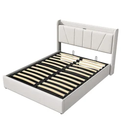 Lit Coffre 140x200 avec USB et Type C, Lit capitonné avec Sommier à Lattes, Lit Double, Beige><noscript><img width=