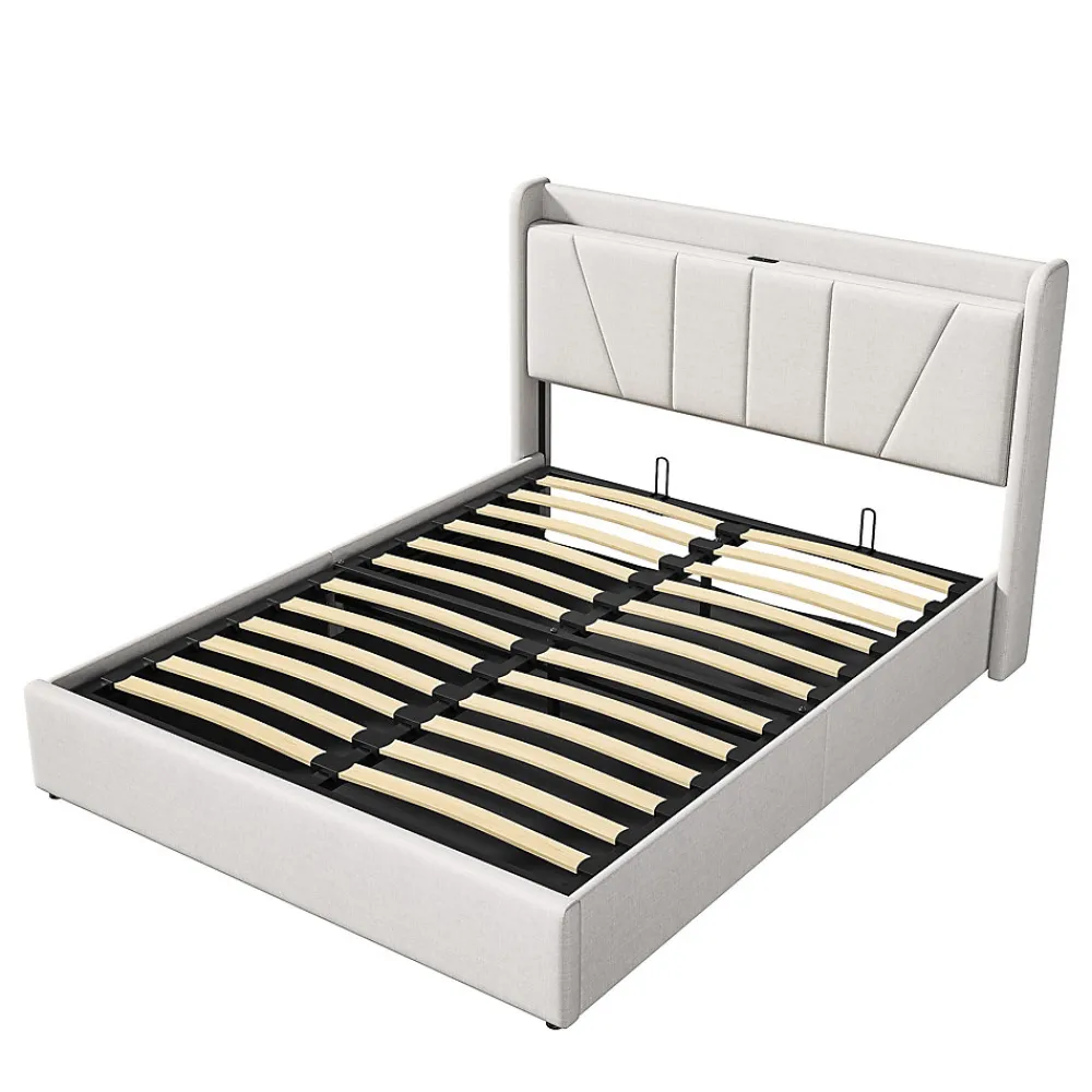Lit Coffre 140x200 avec USB et Type C, Lit capitonné avec Sommier à Lattes, Lit Double, Beige>Simple Life Hot