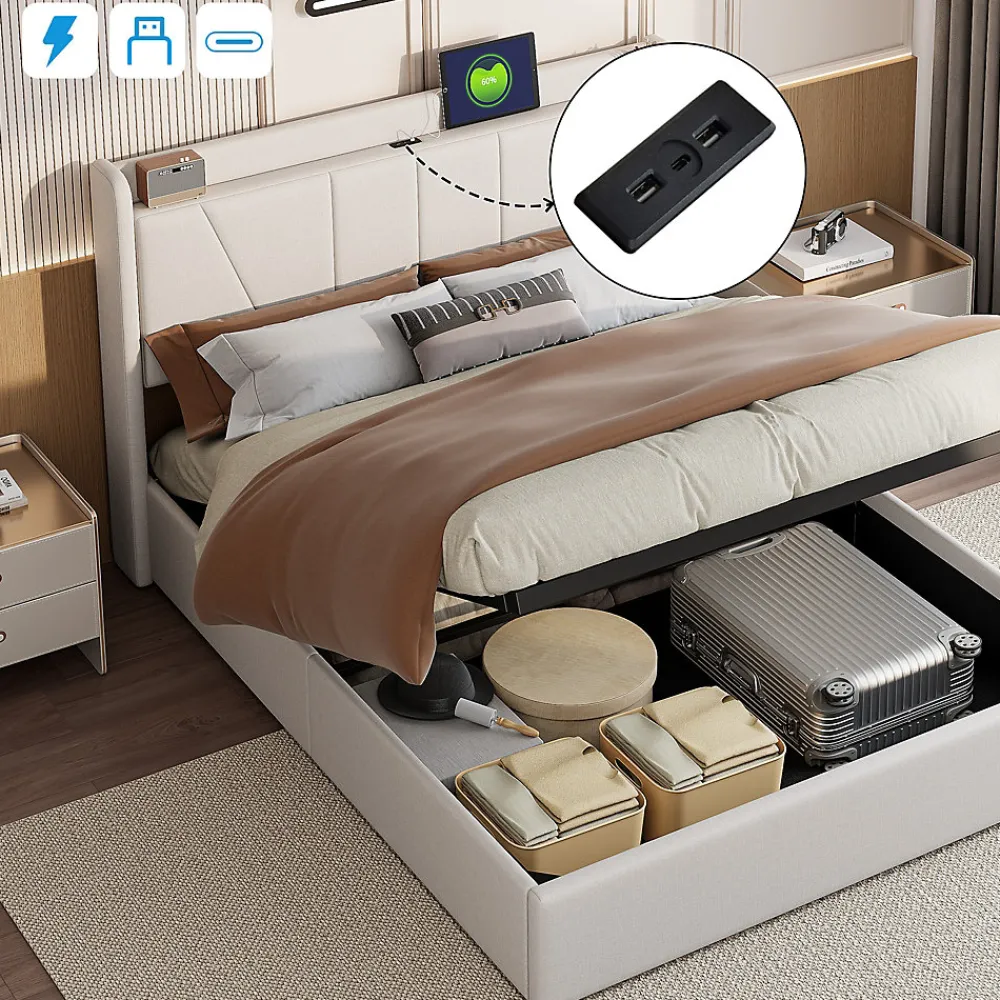 Lit Coffre 140x200 avec USB et Type C, Lit capitonné avec Sommier à Lattes, Lit Double, Beige>Simple Life Hot