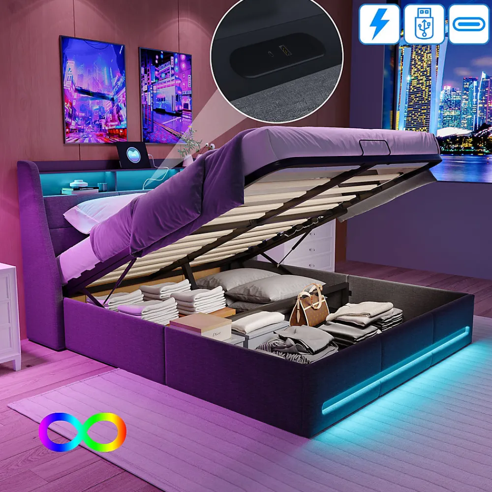 Lit coffre 140x200 cm, avec rangement hydraulique, LED multicolore, USB et tête de lit avec prise, Gris>ProximaX Outlet